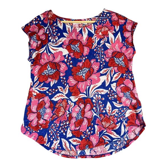 Sigrid Olsen Top Large Floral Linen Knit Lightweight Tee Tropical Pink Red Blue - Picture 1 of 8